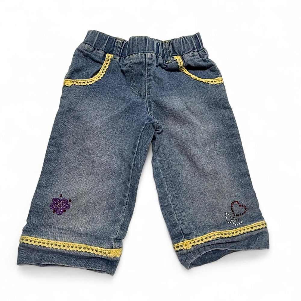 Vintage Y2K Rhinestone Flower‎ & Heart Denim Jeans 3T